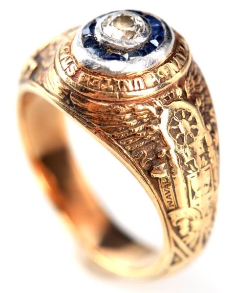U.S. NAVAL ACADEMY TIFFANY & CO. LADIES 14K RING: 1934 U.S. Naval Academy ring, ladies ring made by Tiffany & Co. weighs 9.6 grams, 14K with approximately .25 ct mine-cut diamond surrounded by sapphires. Original Tiffany & Co. box included. Size 5.5 
