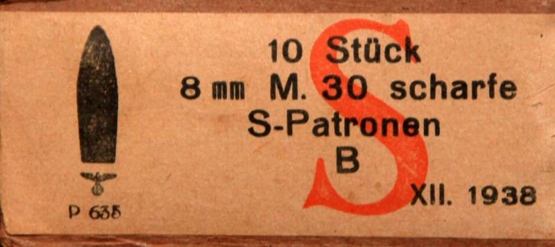 WWII GERMAN MAUSER 8MM CLIPS/AMMO IN ORIGINAL BOX: World War II German Mauser 8mm clips and ammo in original box, contains two Mauser clips with 5 rounds in each, The Box reads, "10 Stuck 8mm M. 30 scharte S-Patronen Rottw. XI. 1938 P 635" Each bullet