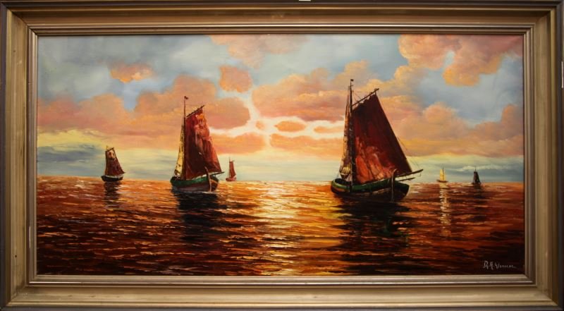 SAILBOATS ON A RED SEA BY R.A. WERNER: Seascape oil on canvas signed R.A. Werner in the lower right with several sailboats on a rust-colored sea under pink clouds. Canvas measures 50 by 100 cm, 62 by 112 cm framed. The painting dates to th