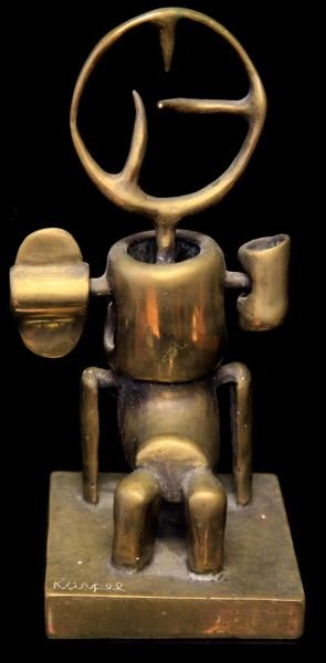 ELI KARPEL ORIGINAL CAST BRONZE SCULPTURE: 5 by 5 by 11 inches including bronze base. Signed "Karpel" on top of base. Numbered on bottom of casting with "192". Post-war figurative abstraction sculpture similar to the style of Surrealist Albert