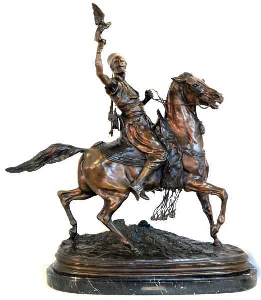PIERRE JULES MENE ARABIAN FALCONER LARGE BRONZE: "Arabian Falconer on Horseback" by Pierre Jules Mene (French 1810-1879). Mounted on marble base. 28 inches by 30 inches tall. Inscribed "P.J. Mene" by lead foot of horse and having a bronze plaque on 