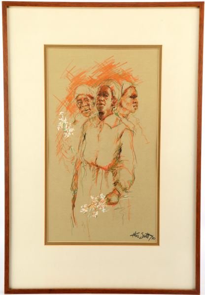 ALICE SCOTT PORTRAIT OF A WOMAN IN THREE VIEWS: Alice Scott Scanland (Southern, African-American, 1924-2005) Post-War, Reconstruction African-American woman with flowers in three views, quick pastel sketch on brown paper. Signed lower right "Alice