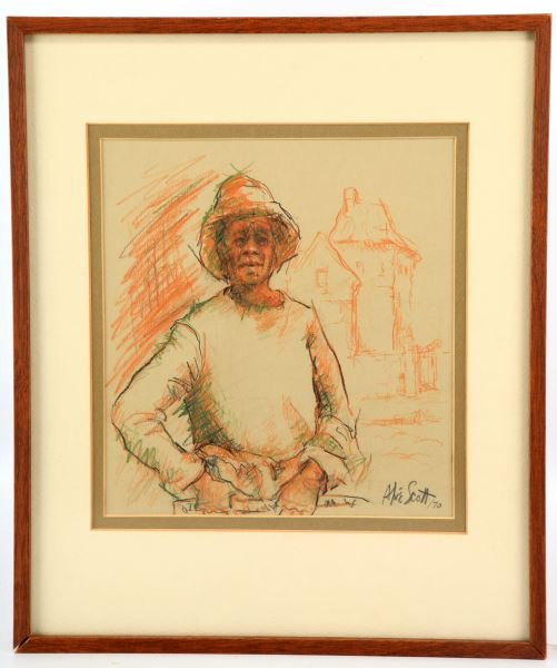 ALICE SCOTT PASTEL PORTRAIT OF A FARMER 1970: Alice Scott Scanland (Southern, African-American, 1924-2005) Post-War, Reconstruction African-American farmer with house in background, quick pastel sketch on brown paper. Signed lower right "Alice Sc