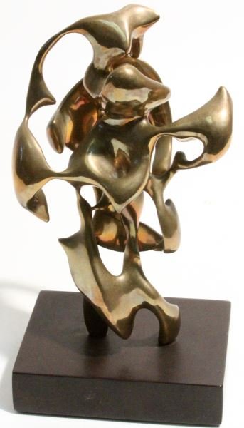 ABSTRACT CAST BRONZE SCULPTURE BY ELI KARPEL: Post-war figurative abstraction sculpture similar to the style of Surrealist Alberto Giacometti or Henry Moore.Original sculpture measuring 4 by 5.5 by 11 inches on swivel base. Marked "Karpel 1/20". 