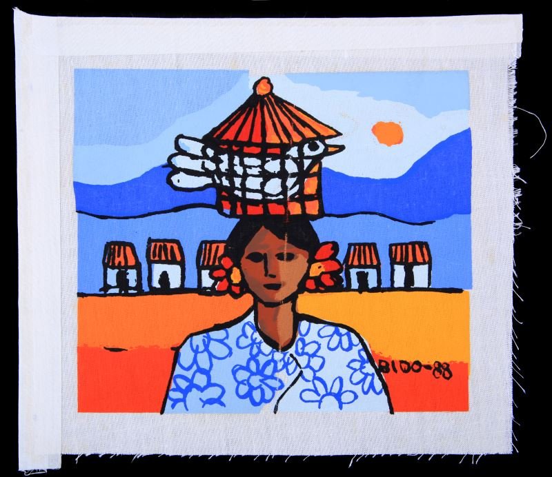 CANDIDO BIDO BIRD CARRIER ACRYLIC: Candido Bido (20 May 1936 – 7 March 2011) was the first painter from the Dominican Republic to have an exhibition in France. Canvas measures approximately 8 by 9 inches, sight measures approximately