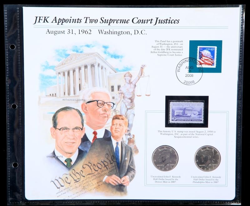 JOHN F KENNEDY COMMEMORATIVE PIECE WITH COINS: Piece is titled "JFK Appoints Two Supreme Court Justices" and includes 2 Kennedy Half-Dollars both 2007 and 2 historic stamps. Overall in very good condition.