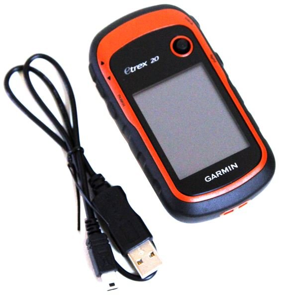 GARMIN ETREX 20 WORLDWIDE HANDHELD GPS NAVIGATOR: GPS takes 2 AA batteries which enable power to the device for 20 to 25 hours. Minor wear present; overall in very good condition.