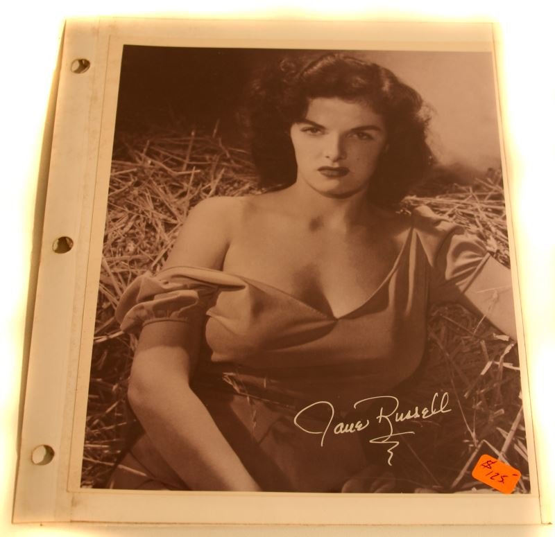 PHOTOGRAPH OF JANE RUSSELL SIGNED WITH COA: 8 by 10 inch photograph of Ernestine Jane Geraldine Russell, generally known as Jane Russell (1921 - 2011), was an American film actress, and was one of Hollywood's leading sex symbols in the 1940s an