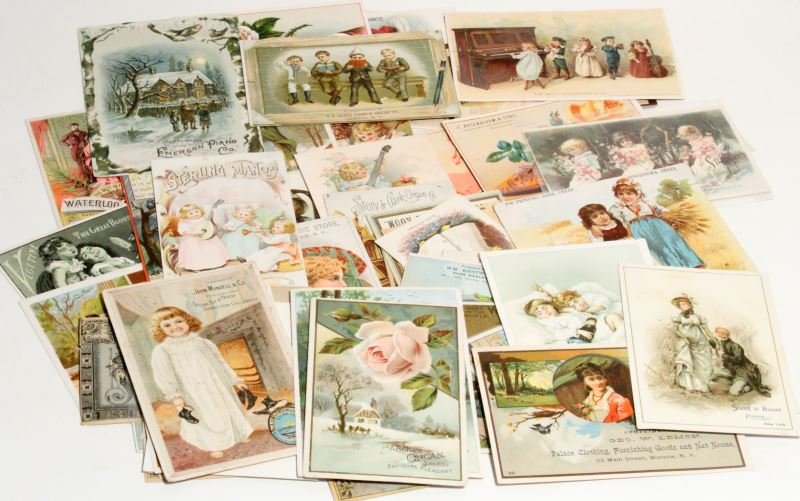 OVER 60 VINTAGE ADVERTISEMENT TRADE CARDS: Grouping of 60 vintage advertisement cards, including companies like Waterloo Organs, The Sterling Pianos, Hickok's music store, Reynolds Bros Fine Shoes, S. Rosenbloom & Sons, The Everett Piano and m