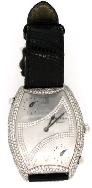 RARE MENS 18KT WG CHATILA DIAMOND "JET SET" WATCH: Rare piece; number 25 of 100 made, JetSet model number BA 93, pave' setting throughout top of case, containing 8.00cts of round brilliant cut diamonds, plus diamonds set into silver color dial, graded