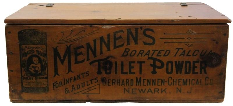 VINTAGE MENNEN'S TALCUM POWDER WOODEN CHEST: Vintage shipping chest for Mennen's Borated Talcum Toilet Powder. Marked Gerhard Mennen-Chemical Co. Newark, N.J. Talc powder not included. Chest measures at 24 inches in length, 12 inches in width, a