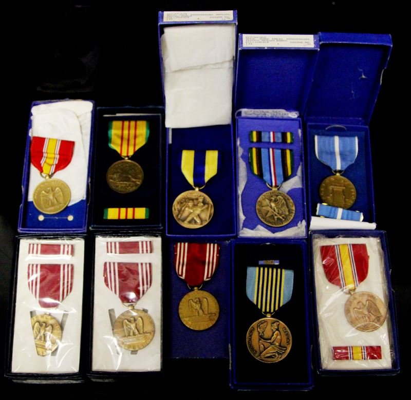 KOREA & VIETNAM SERVICE MEDAL LOT OF 10: All but one boxed variety of makers, includes Good Conduct, Korea Service, one being USMC, Vietnam Service, Airman's Medal, Navy Expedition, national Defense, Armed Forces Expeditionary.