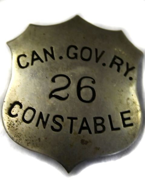 CANADA GOVERNMENT RAILWAY CONSTABLE POLICE BADGE: White metal with reverse pin, numbered 26, comes with COA from World Police Museum Milan.