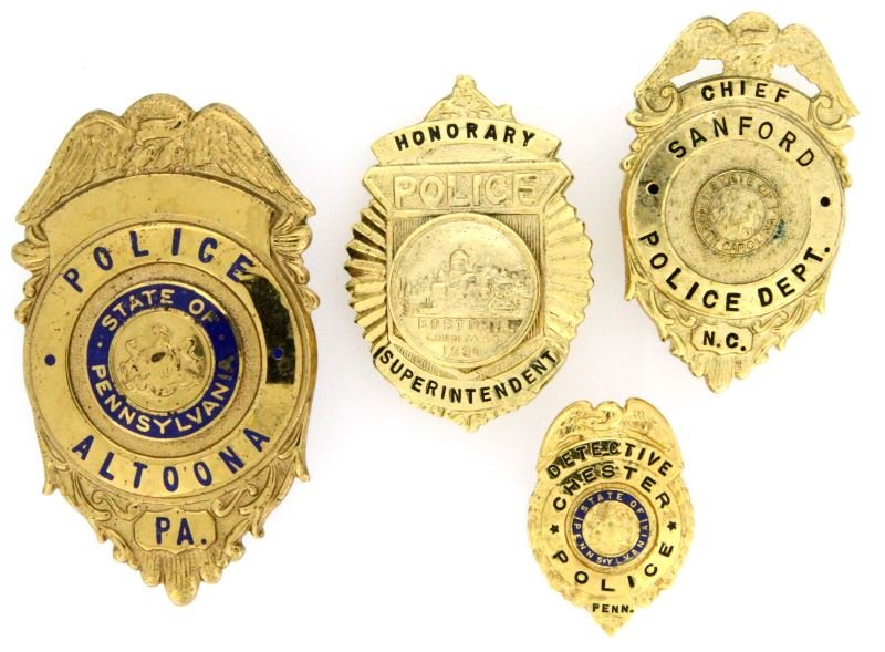 LOT OF 4 OBSOLETE POLICE BADGES BOSTON PENN NC: Lot of four obsolete police badges. All gold tone with straight pin back and rubber mount from display. Includes: an Honorary Superintendent Boston Police badge with city seal "Bostonia, Condita, A.D.