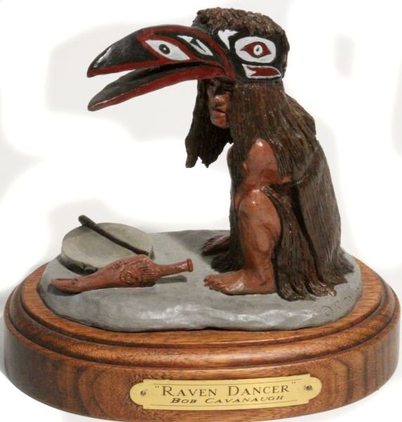RAVEN DANCER SIGNED ROB CAVANAUGH 1987 BRONZE: Kwakiutl Indians of Puget Sound and Vancouver Island. Full Raven Head Dress figurine, measures eight inches tall.
