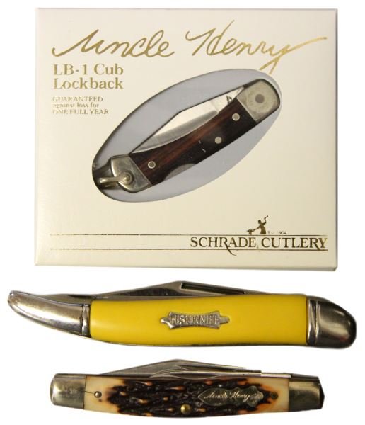3 BOXED SCHRADE UNCLE HENRY POCKET KNIFE LOT: Includes 285 UH, 833 UH, and LB 1, each is mint in box.