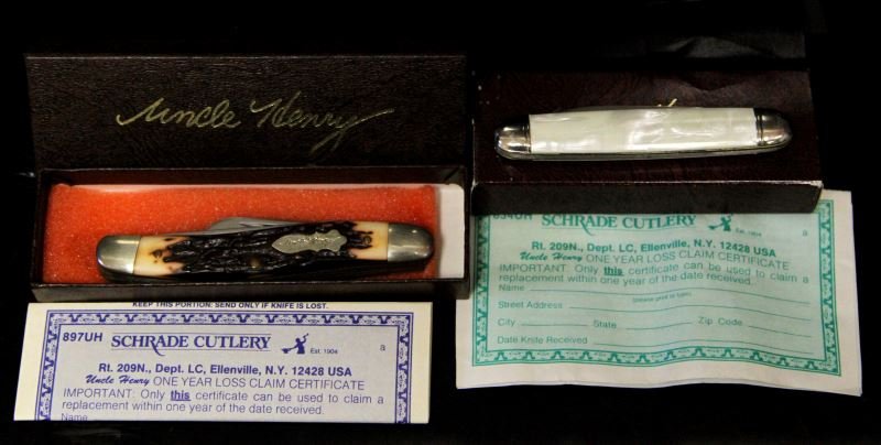 2 SCHRADE UNCLE HENRY MIB POCKET KNIFE 834 897 UH: Original boxes and papers, mint in box pocket knife pair.