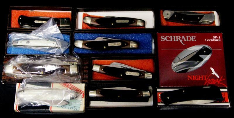 11 MINT IN BOX SHRADE OLD TIMER POCKET KNIFE LOT: With boxes and paperwork, includes, 33OT, SP-1, 89OT, 34OT, 108OT, 93OT, SP-2, LB-3, 34OT, 3OT, 98OT.