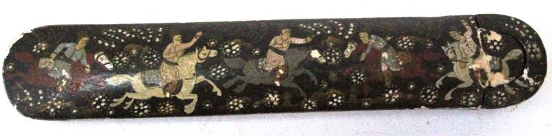 19TH C PAPER MACHE HAND-PAINTED SAMURAI PEN HOLDER: 19th Century Paper Mache hand-painted Samurai warrior pen holder / incense holder. Five warriors on horseback depicted on front with bird and floral motif to sides. Good condition for age with some cr