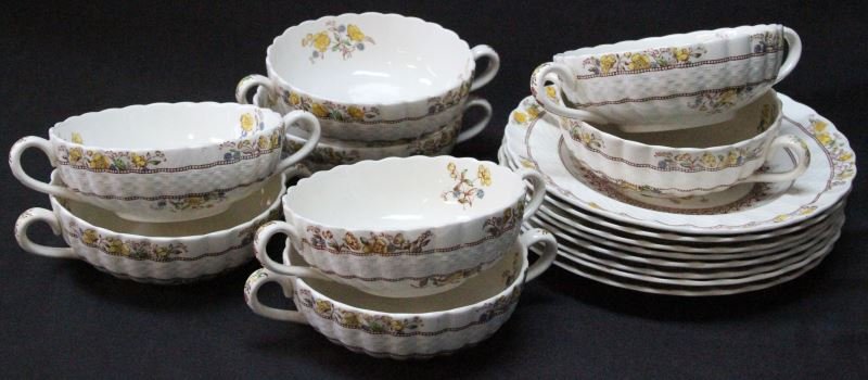 VINTAGE SPODE BUTTERCUP SOUP BOWL SETTING FOR 8: Vintage Spode Buttercup soup bowl setting for 8. Group includes: 8 salad plates/soup saucers (7.75 inches) and 8 double-handled soup bowls (6.5 inches). Some crazing, needs cleaning. Overall good cond