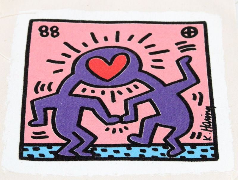 KEITH HARING HEART 88 SILKSCREEN INVITATION: Keith Haring (American, 1958-1990) silkscreen on canvas wedding invitations featuring Haring's untitled 1988 design with two figures sharing a head with heart on pink field. Invitation measures approx
