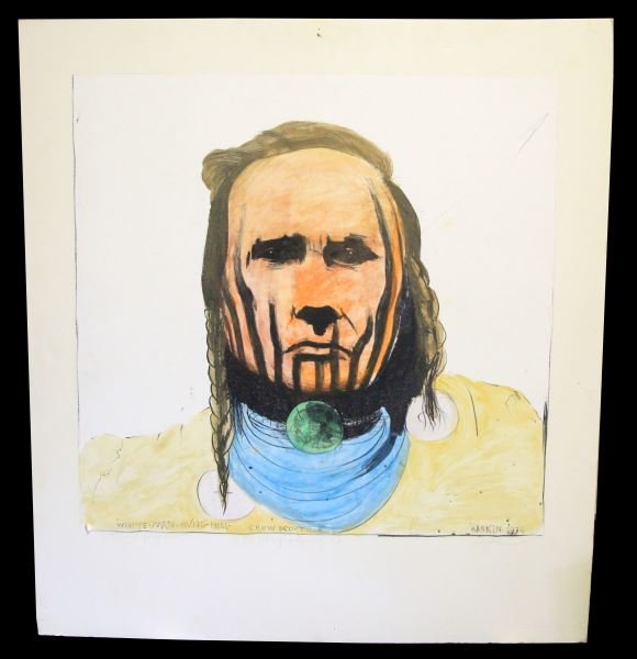 CROW SCOUT ARTIST TOUCHED PROOF BY LEONARD BASKIN: Leonard Baskin (American 1922-2000). "Crow Scout" artist proof "Touched" (embellished) by Baskin. Plate marked along bottom with "White man runs him. Crow Scout. Baskin 1974" the plate is also hand si