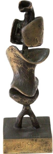 ELI KARPEL ORIGINAL CAST BRONZE ABSTRACT SCULPTURE: 9.5 inches tall including the base (2.5 by 3 inches). Abstract bronze cast by Eli Karpel. "162" is inscribed into the hollow bottom (during casting). Original patina. Post-war figurative abstraction s