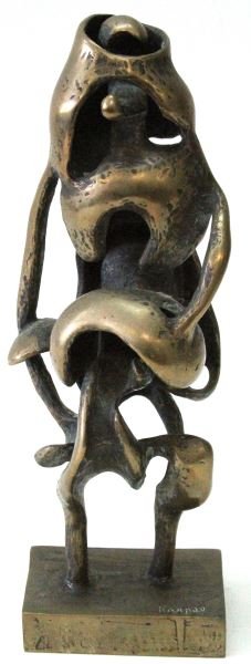 CAST BRONZE ORIGINAL ABSTRACT SCULPTURE ELI KARPEL: Signed on top right of base "Karpel". Hand inscribed in hollow base with "167". Abstract cast bronze 13 inches tall base measures 3 by 4.25 inches. Post-war figurative abstraction sculpture similar to
