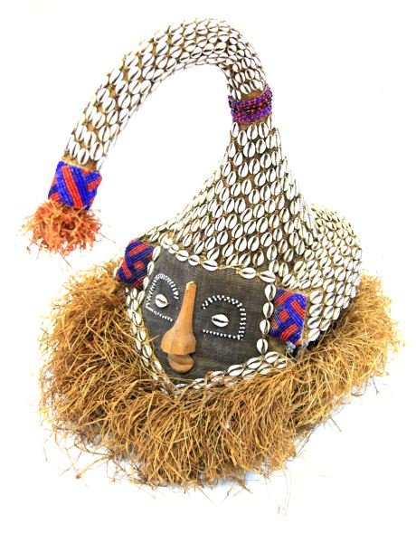 KUBA TRIBE MUKYEEM - MASK - CAP - HELMET: The Mukyeem or Mukenge mask is a version of the Mwaash aMboy mask made by the Ngeende people who were integrated into the eastern part of the Kuba kingdom during the sixteenth century. It has a styliz