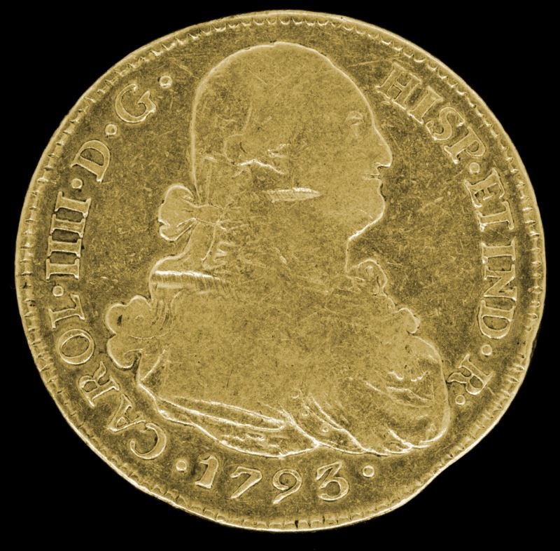 COLOMBIA 1793 P-JF GOLD 4 ESCUDOS COLONIAL COIN: Obverse: uniformed bust right of Charles IIII, Reverse: Crowned arms within order, KM 61.2 , 13.5 grams, VG a die cud on rim at 5:00 obverse.