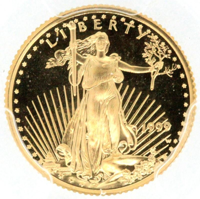 1999-W $5 GOLD EAGLE PROOF 1/10 OZ PCGS CERTIFIED: US Mint Proof Gold Eagle with 1/10 ounce of Fine Gold, graded as PR68DCAM by PCGS for Deep Cameo: beautiful coin with very minute imperfections that prevent a higher grade.