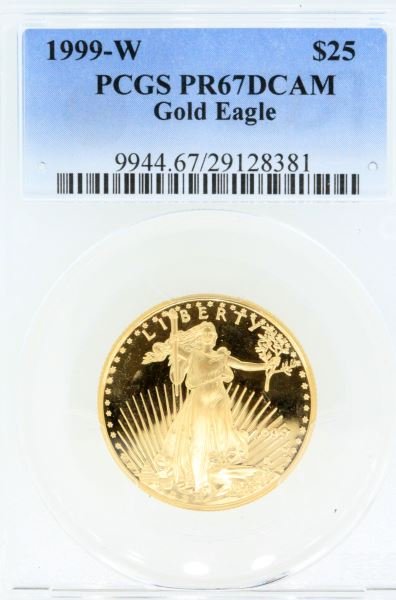 1999-W $25 GOLD EAGLE PROOF 1/2 OZ PCGS CERTIFIED: US Mint Proof Gold Eagle with 1/2 ounce of Fine Gold, graded as PR67DCAM by PCGS for Deep Cameo: attractive coin with minor imperfections to the Proof mirror surface that prevent a higher grade.