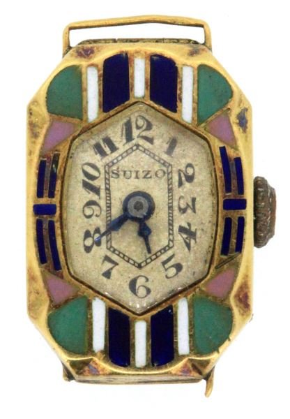 LADIES ANTIQUE 14KT YG HINGED ENAMELED WATCH: Featuring hinged case with Art Deco period design, beautiful enameling work, manufactured by Suizo. 14kt yellow gold case. This lot has a reserve.