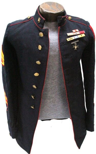 USMC WWII AUSTRALIAN MADE TUNIC AND PATCHES: 3rd amphibious division patches with red assault border. Staff SGT. rank. Two hash stripes on right sleeve. 7 campaign ribbons, 4 with stars. No exterior pockets but has two inside breast "map" pocket