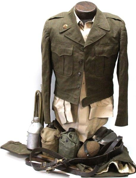 WWI WWII U.S. & GERMAN MILITARY GEAR VARIETY LOT: Includes WWII German canteen, without cup stamped on cap HRE29, the neck AW40, Ike jacket trousers and a shirt with patch and insignia, four U.S. canteens two with covers, all with cups, WWI and a WWI