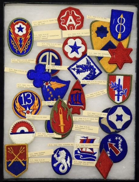 LOT OF TWENTY-THREE WWII US ARMY PATCHES: Lot of 23 U.S army patches, Patches Include: U.S Army 8th Division, US Army Patch for the 9th Army, US Army WWII European Base of Operations Advance Command, US Army Patch for the 2nd Cavalry, US Army