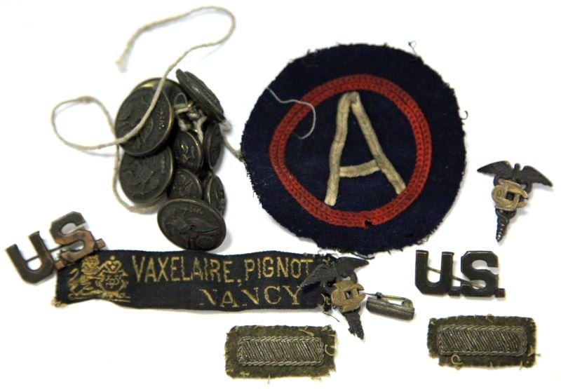 WWI US DENTAL CORP OFFICER PATCH & INSIGNIA LOT: Includes Third Army patch, two Caduceus with CD, First LT. Bullion wire collar insignia, Two U.S. collar insignia, set of buttons and a sweetheart LT insignia.