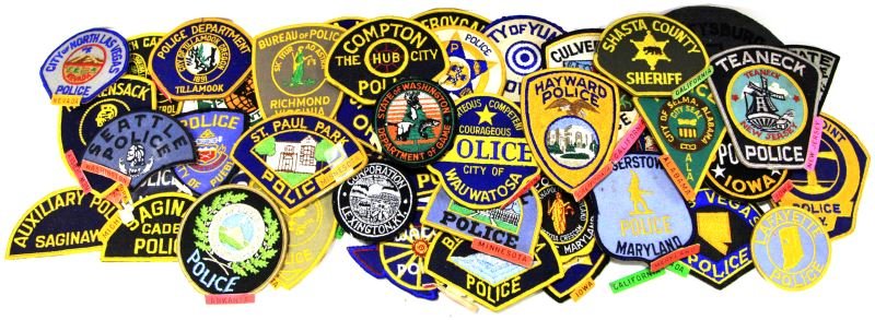 LOT OF 45 AMERICAN POLICE OBSOLETE PATCHES W COA: Grouping consisting of: Arkansas, Wisconsin, Fraternal order of Police, Richmond Virginia, Lexington K.Y., Lafayette, New Mexico, City of Yuma (Arizona), St Paul (Minnesota), Security Officer (Pennsyl