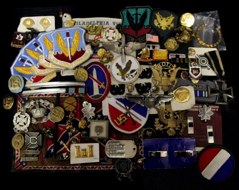 USMC AAF ARMY INSIGNIA WINGS BADGE & PATCH LOT: WWII to Vietnam, DUI's, German Iron Cross, WWII Flight Cadet cap badge, sterling Marksman badge ROTC and U.S. Army cap badges and much more.