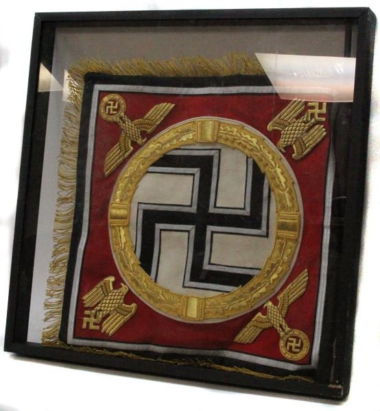 QUALITY REPRODUCTION WWII GERMAN FUHRER STANDARD: Shadowboxed standard with gold tassels, standard itself measures approximately 25 x 25 inches. Shadow box measures 28.5 by 28.5 inches. Slight stain in the center of standard. Overall in very good con