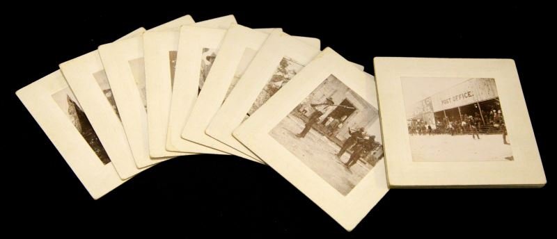 1898 PHOTOS OF 16TH PA. VOL. SPANISH-AMERICAN WAR: 13 photos, each penciled on back with "16th PA Vol. 1898". Various topics ranging from "post office in Chickamauga, GA (training?) to troops in uniforms with full battle gear. Very nice set of photos.