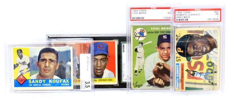 BASEBALL CARD LOT BERRA BANKS CLEMENTE KOUFAX PSA: All four cards are graded and encapsulated as follows; 1954 Topps #50 Yogi Berra "good 2" by PSA (serial #17256281), 1955 Topps #28 Ernie Banks "30 Good " by SGC (1277398-011), 1956 Topps #33 Roberto 