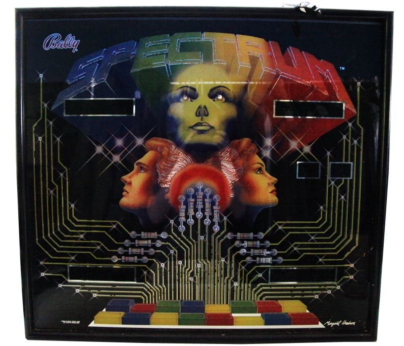VINTAGE 1982 BALLY SPECTRUM PINBALL MACHINE TOP: Pinball machine topper measures approximately 27 by 30 inches and has been re-purposed as a man cave accessory. Machine lights up, but retains none of it's pinball machine functionality. Overall in ve