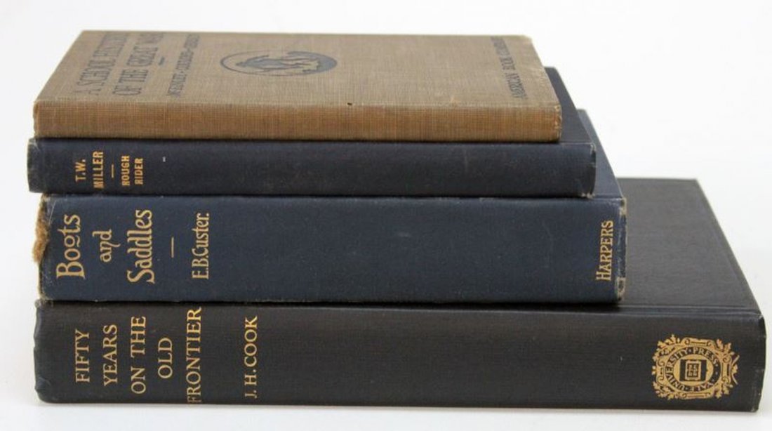 ANTIQUE BOOK LOT CUSTER ROUGH RIDER FRONTIER: Includes Boots and Saddles, by Elizabeth B. Custer 1885 copyright, Roughrider T.W. Miller, 1899 first edition private printing, very good condition, Fifty years on the Old Frontier, J.H. Cook, 1923 fi