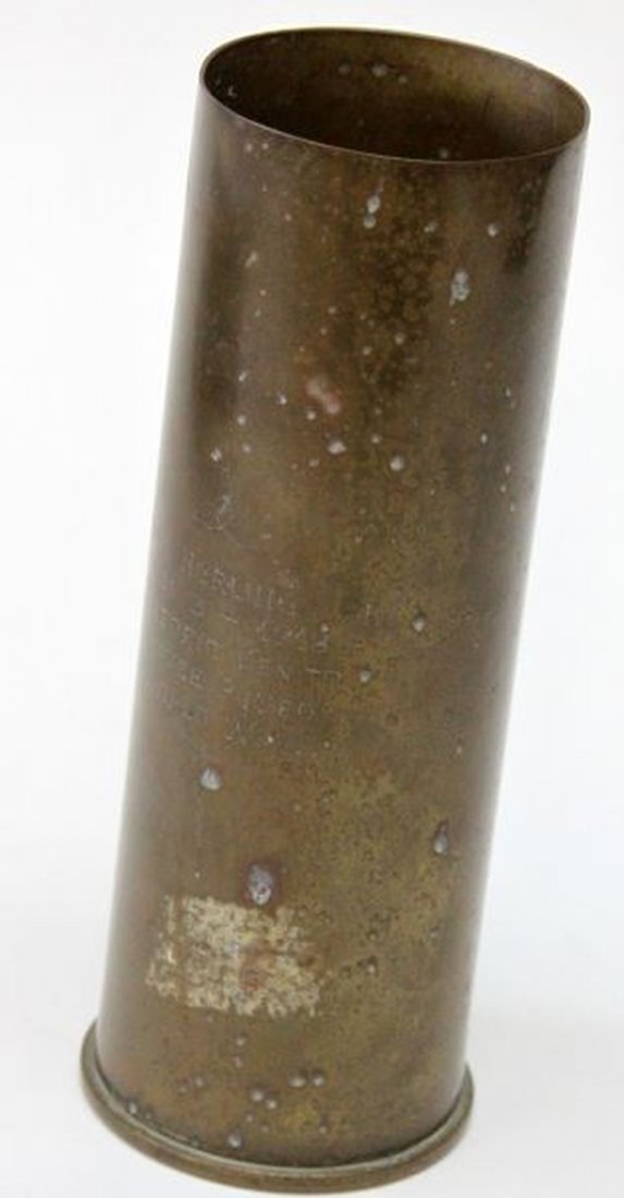 WWI TRENCH ART GERMAN SHELL INSCRIBED 1918: 8 Cm. M16 shell inscribed Frank Herling PRI Nov. 3 1918 Vittorio Venito Piavee River World War, stands nine inches.
