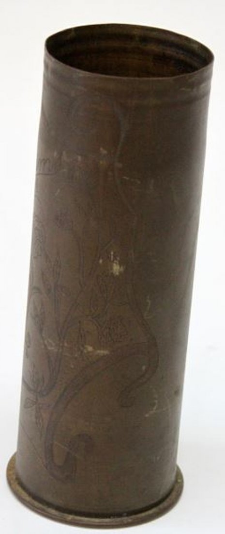 WWI TRENCH ART REIMS 1918 ON GERMAN SHELL: Standing nine inches, floral design and date, shell is dated 1917.