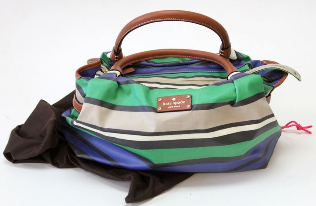 KATE SPADE SHORELINE STRIPE STEVIE TOTE BAG: Multicolor Kate Spade shoreline stripe stevie tote bag, measuring 15" in bag length, 6" in depth, 9" in height and 8" strap drop, in very good condition, includes duster.