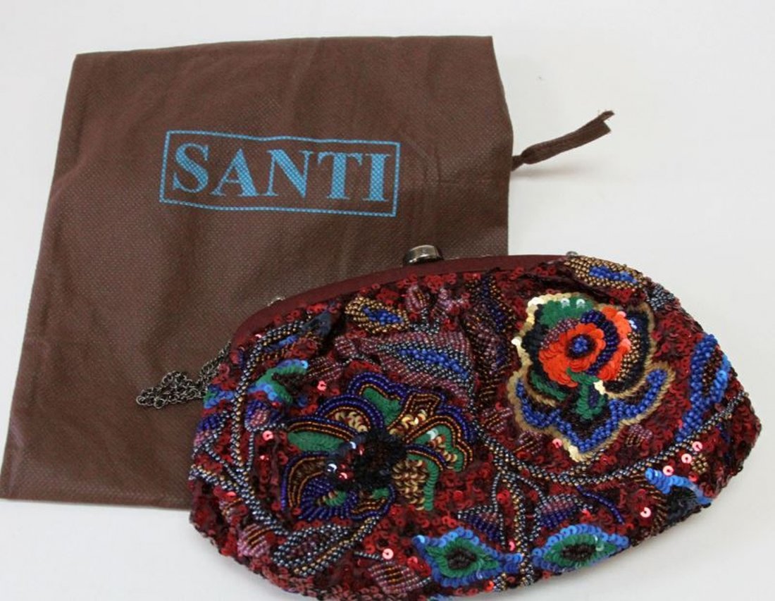 SANTI VINTAGE STYLE BEADED CLUTCH/ EVENING BAG: Santi vintage style beaded evening bag with duster, measuring 9"W x 6"H with strap drop 8", in very good condition with duster.