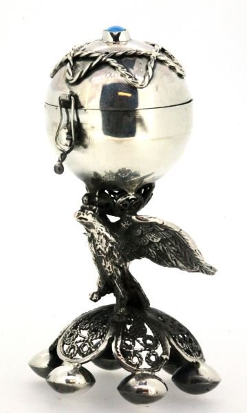 RUSSIAN SILVER SCENT BOX WITH EAGLE HALLMARKED: Judaic silver scent box measures approximately 3 inches in height and is hallmarked B.C, 1873, unknown assayer. Scent box features a figural eagle and Star of David and a blue stone. Some tarnishing; 