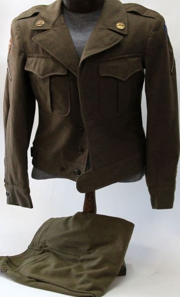 WWII IKE JACKET 1ST DESIGN GUAM & WEST COM: Ike jacket and trousers, with early Guam and Army Air Force patch ad collar insignia, small size like a 38.